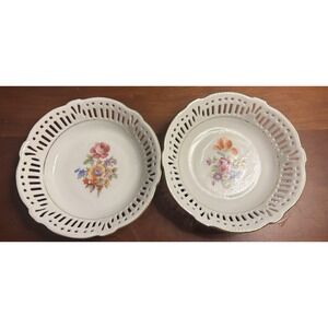 Vintage B J Z‎ Germany Porcelain Round Floral Berry Bowls Reticulated Edge Pair